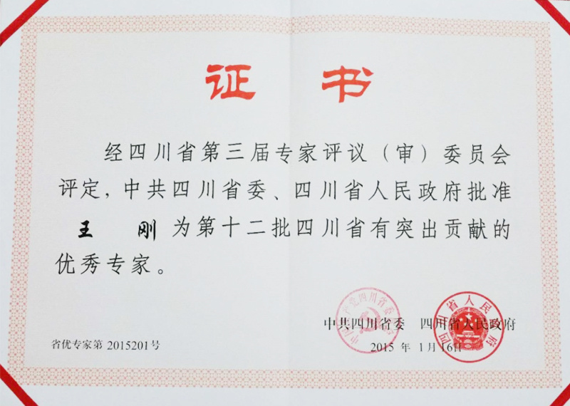 第十二批四川省有突出贡献的优秀专家—王刚 第十二批四川省有突出贡献的优秀专家—王刚