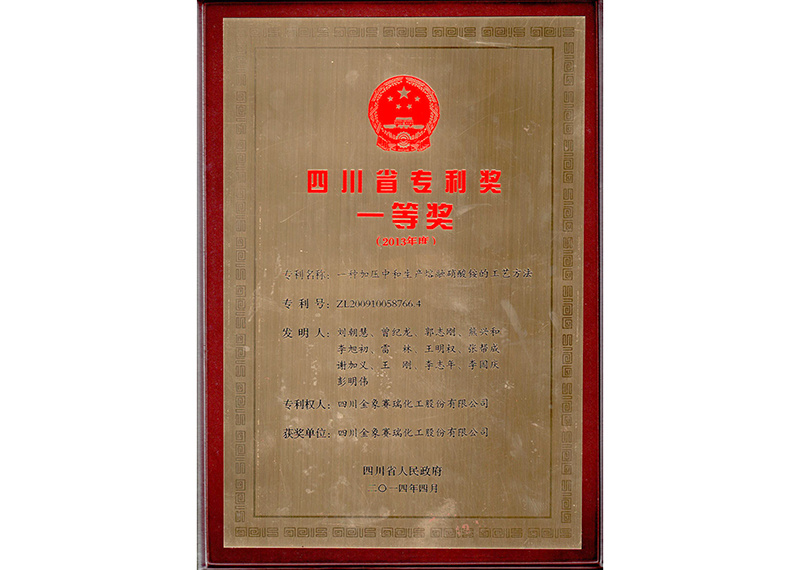 2014年4月《一种加压中和生产熔融硝酸铵的生产工艺与方案》获四川省专利一等奖 2014年4月《一种加压中和生产熔融硝酸铵的生产工艺与方案》获四川省专利一等奖
