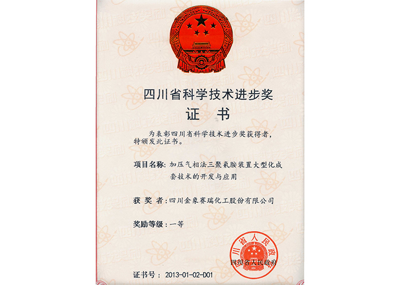 2013年《加压气相法三聚氰胺大型化装置技术》获四川省科技进步一等奖 2013年《加压气相法三聚氰胺大型化装置技术》获四川省科技进步一等奖